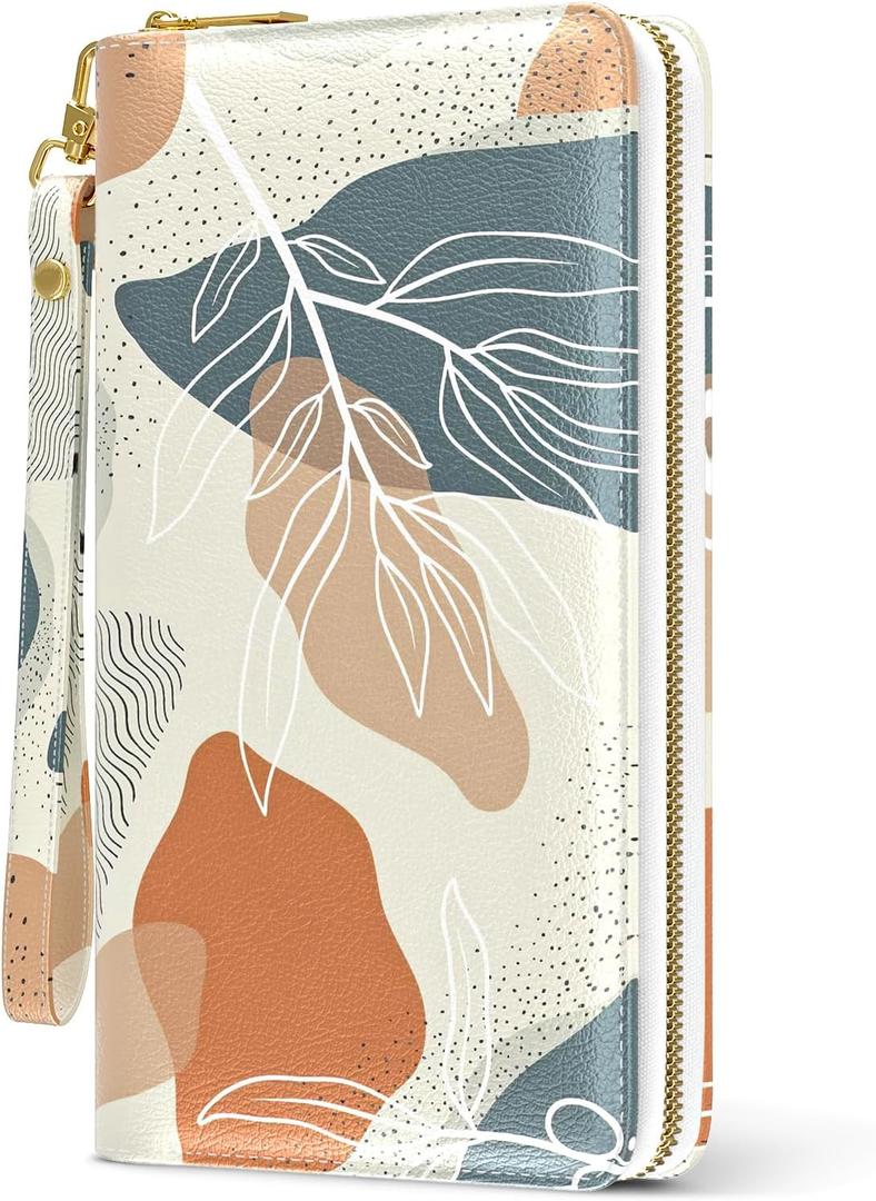 Nipichsha Womens Wallet, RFID Wristlet Wallet for Women, Cute Ladies Purse, Large Credit Card Clutch Wallets, Leather Card Holder Wallets with Zipper & Phone Holder, Abstract Boho Leaf