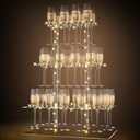 Champagne Display Holder Stand for Party With 32 Slots, 3 Tier Clear Acrylic Wine Glass Stemware Display Rack, Champagne Flute Wall Holder with Led Light for Party, Wedding, Measures 26" x 20" x 12"