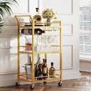 TUTOTAK Bar Cart, Home Bar Serving Cart with 3-Tier Mirrored Shelf, Wine Cart, Mobile Kitchen Shelf, Gold BC01BB034