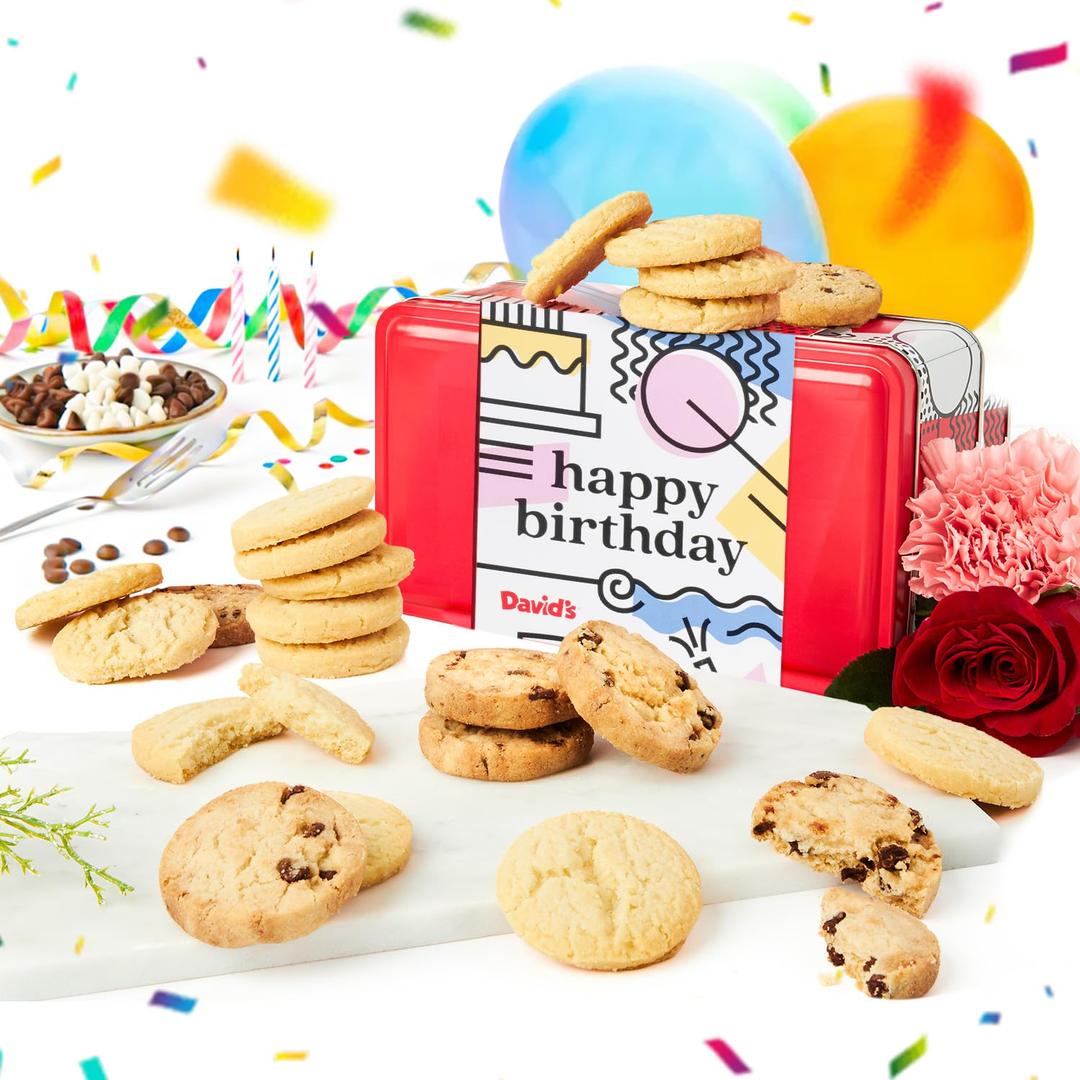 David's Cookies Happy Birthday Gift Sampler Tin Crunchy Gourmet Cookies Bakery Snack Gift for Birthdays, Celebrations and Special Occasions Shortbread Cookies