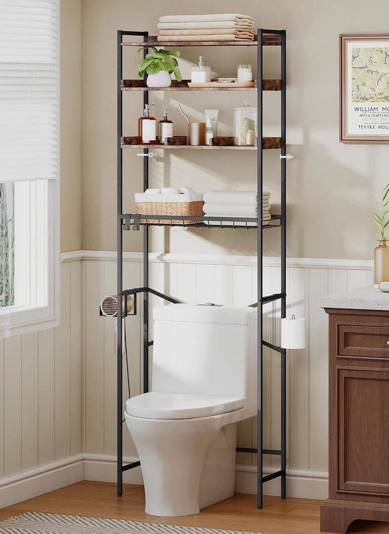 Quikraen 4 Tier Over The Toilet Storage Shelf with 3 Adjustable Shelves, Space Saver Bathroom Organizer with 4 Hooks, Freestanding Above Toilet Rack for Restroom Laundry (Brown), 60*24*177cm