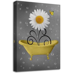 Bathroom Wall Art Daisy Canvas Pictures Modern Flower Bathtub Artwork Rustic Wood Board Background Contemporary Wall Art Decor Bedroom Living Room Office Home Framed Ready to Hang Yellow 16" x 24"