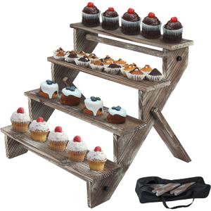 J JACKCUBE DESIGN Rustic Wood Display Stand, 4 Tier Cupcake Stand Stair Shelf, Portable Display Riser, Included Bag for Storage, Decorative Dessert Stand - MK578A