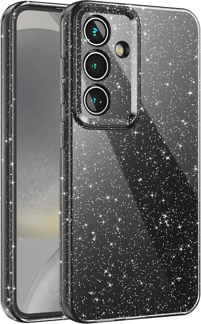 Glitter Case for Samsung Galaxy S25, Cute Sparkly Bright Color Phone Cases for Women Girls, Shiny Bling Slim Fit Soft TPU Cover with Camera Protection, Black