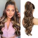 YUMOREAL Drawstring Ponytail Hair Extensions Wavy Long 26 Inch Synthetic Fake Hairpiece for Women Dark Brown/Golden Blonde