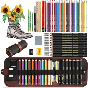 Heshengping Sketching Drawing Art Pencil Kit-50 Piece Set with 24 Color Pencils for Coloring Books, 14 Graphite 3 Charcoal Erasers Etc., Artist Supplies Ideal for Adult, family friend, Beginner
