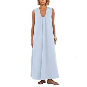 Lenader Women Flowy Maxi Dress Ruched Sleeveless Long Dress Vacation Fashion Summer Casual Loose fit Sundress with Pockets Blue, Medium