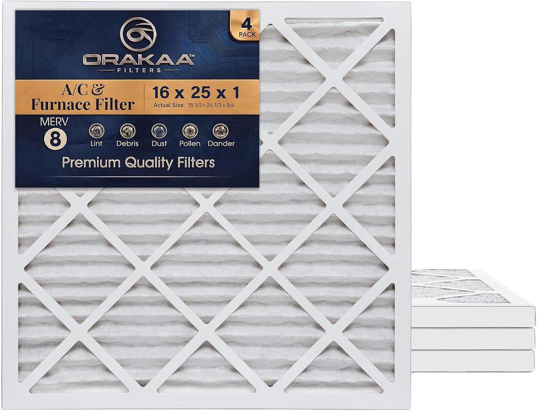 ORAKAA 16x25x1 Inches Air Filter MERV 8, AC Furnace Air Filter Replacement, Pleated HVAC Filters for Home, Dust Pollen Lint Dander, Premium Quality - 4 Pack