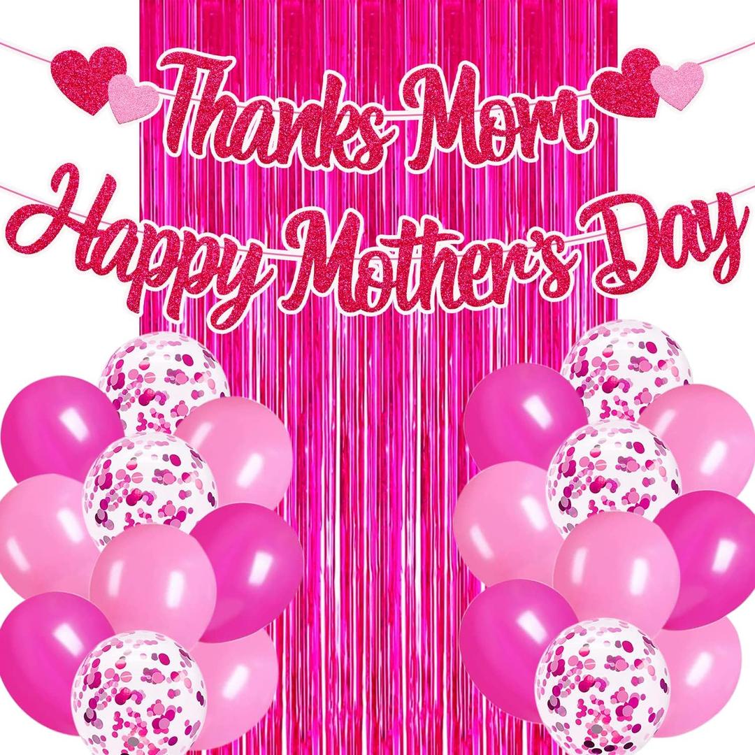 Happy Mothers Day Decorations Thanks Mom Happy Mother's Day Banner Heart Love Themed Party Decor for Women Happy Mother's Day Rose Red Foil Curtains Backdrop Balloons Celebration Supplies