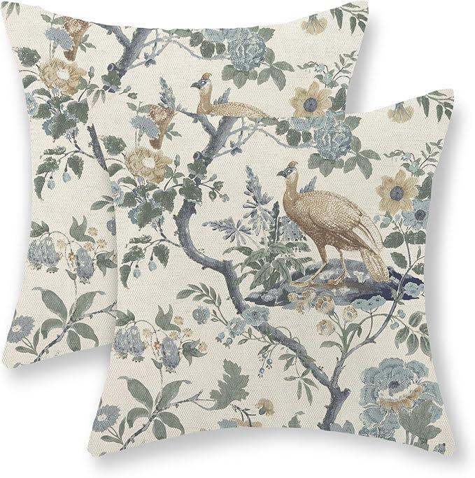 Chinoiserie Pillow Covers 18x18 Set of 2 Blue Green Bird Floral Throw Pillows Vintage Flowers Decorations Pillowcase Outdoor Chinoiserie Decor Linen Cushion Case for Couch Home