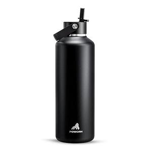 POWCAN 32oz Stainless Steel Slim Water Bottle: Sweatproof, Flex Cap, Lightweight, Standard Mouth, Top Handle, Vacuum Insulated Flask with straw for Office, Home, Commute, Workouts (Midnight Black)