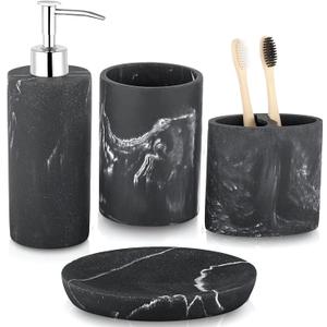 ZCCZ Bathroom Accessories Set, 4-Piece Marble Pattern with Soap Dispenser, Toothbrush Holder, Tumbler, and Soap Dish for Modern Bath Dcor, Elegant and Durable Design for Home or Office Bathrooms (Black Marble Look Rounded)