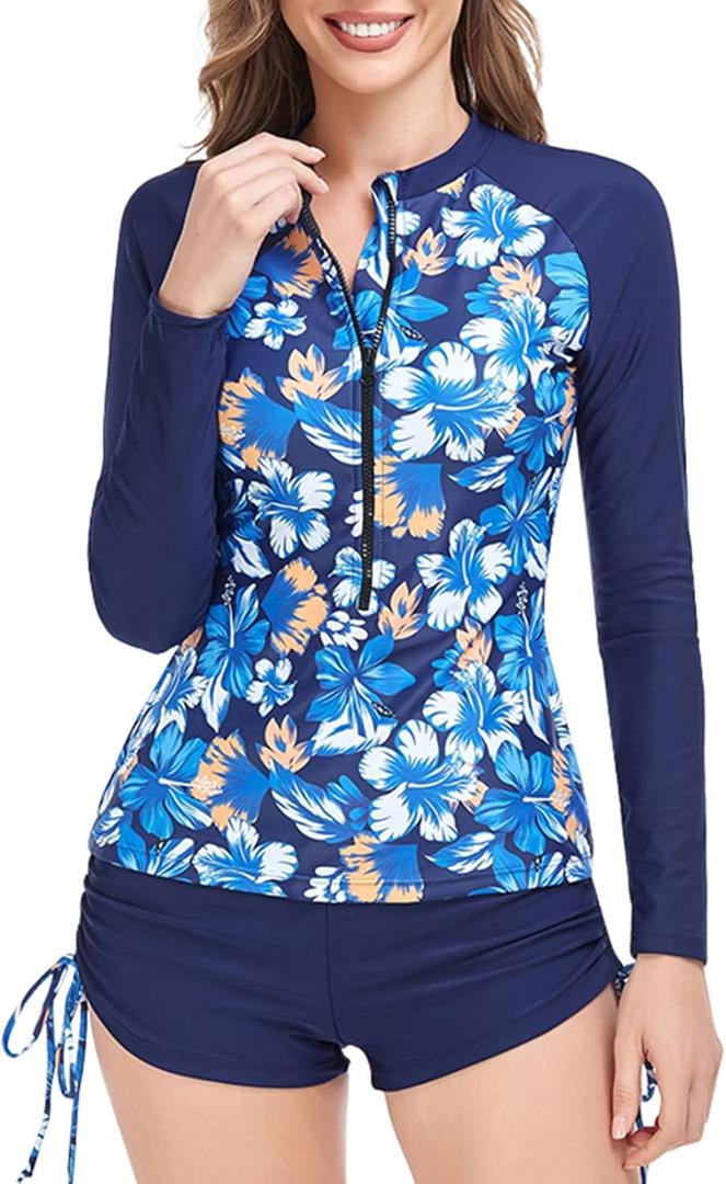 Women's Rash Guard 2 Piece Swimsuit UPF 50 Long Sleeve Zipper Swim Top with Boyshorts Surfing Swimming (Medium, #05 Blue)