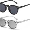 Gleyemor Vintage Polarized Sunglasses for Men Round Sunglasses UV400 Protection Retro Hand-crafted Acetate Frame (Black/Grey+ Clear Grey/Silver Mirror)