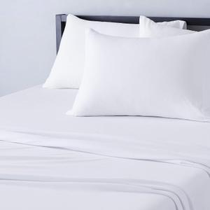 Amazon Basics 3 Piece Bed Sheet Set, 100% Cotton Jersey, Includes Super Soft, Flat and Fitted Sheets, Pillowcase, Twin, White, Solid