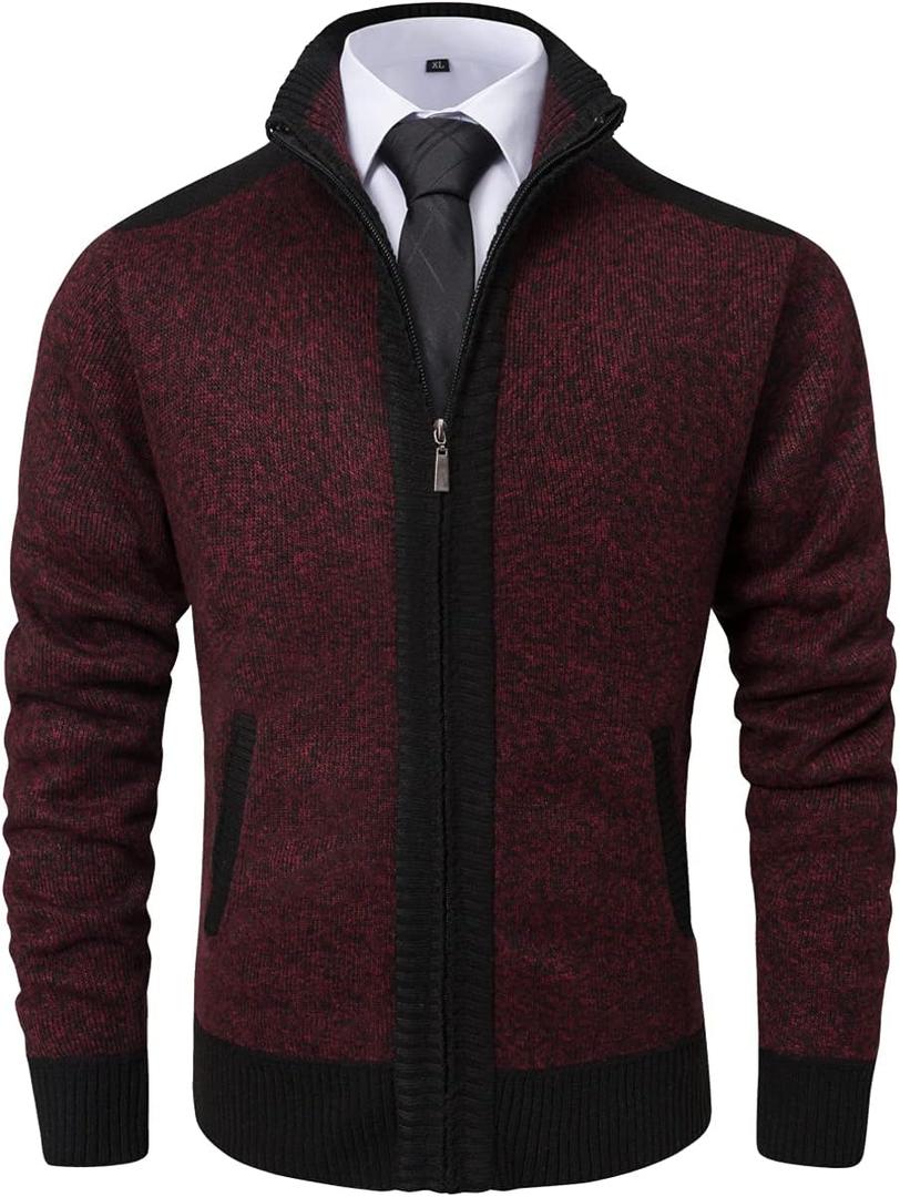 Vcansion Men's Classic Cardigan Sweaters Stand Collar Slim Fit Casual Knitted Sweater (Medium, B-wine Red)