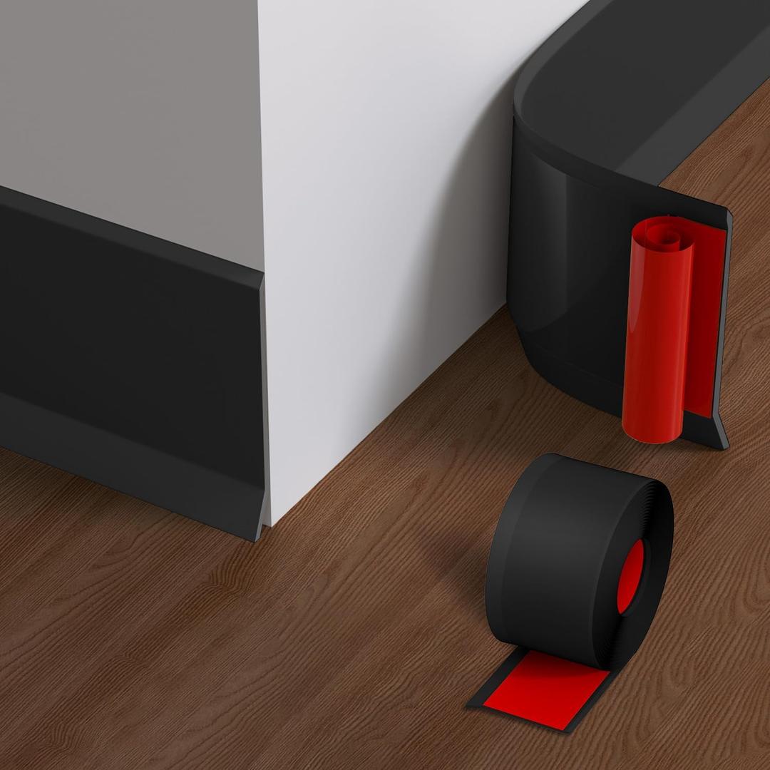 Flexible Baseboard Molding Trim, 4 Inch x 3.28 Feet Vinyl Wall Base with 10% Wider Self-Adhesive Tape, Peel and Stick Cove Base, Rubber Wall Base Baseboard Trim for Garage, Living Room,Bathroom, Black