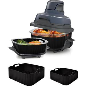 Upgraded Air Fryer Silicone Liners for Ninja Crispi FN101GY/FN101SG/FN101ST,Non-Stick Reusable Ninja Glass Air Fryer Accessories,Big Liner for 4 QT Container & Small Liner for 6 Cup Container, Black