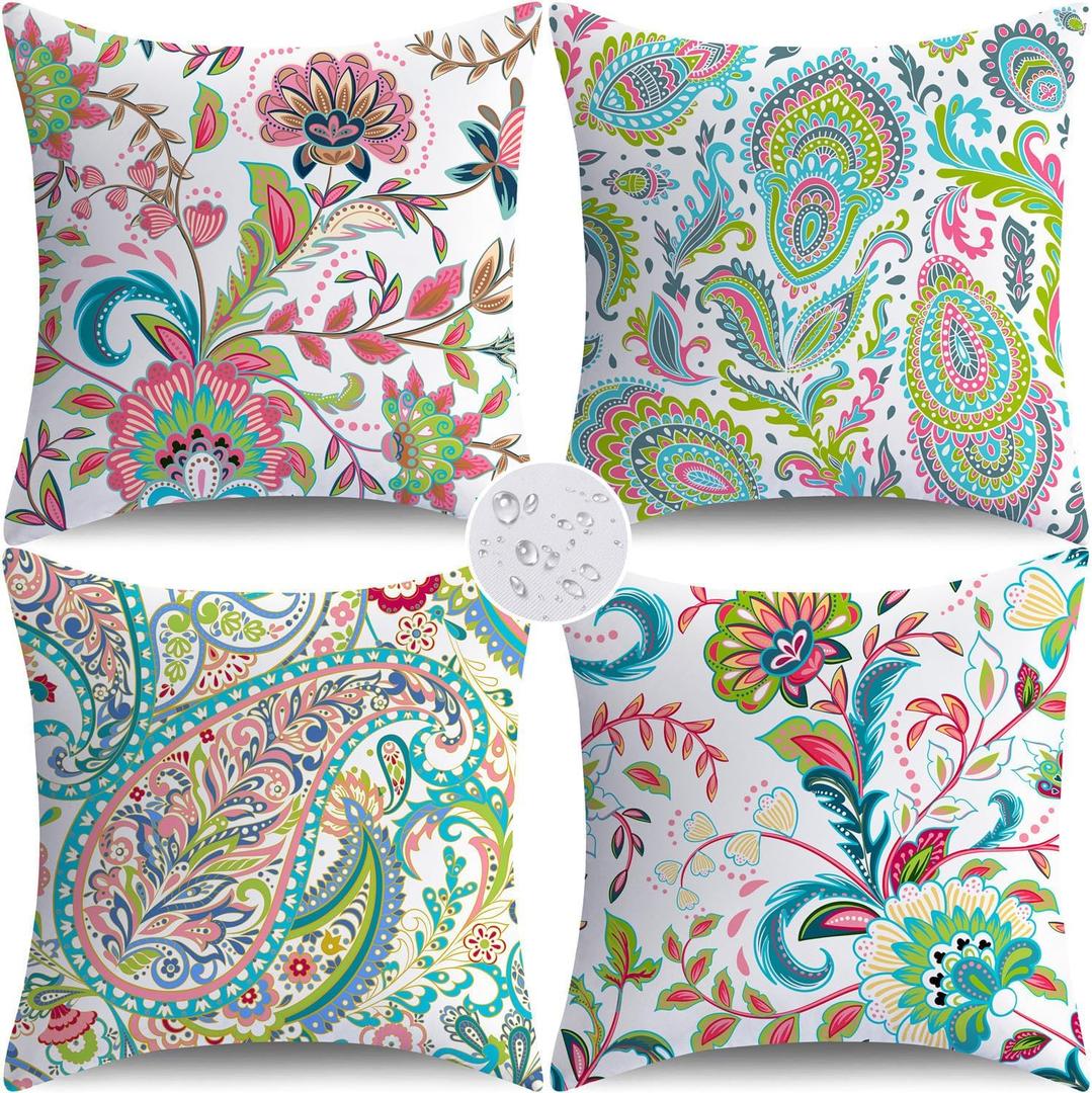 4 x NIGHTWISH Outdoor Waterproof Pillow Covers 20x20 Set of 4 Spring Summer Floral Boho Decorative Outdoor Throw Pillows Paisley Cushion Cases for Patio Furniture Bench Couch Sunbrella