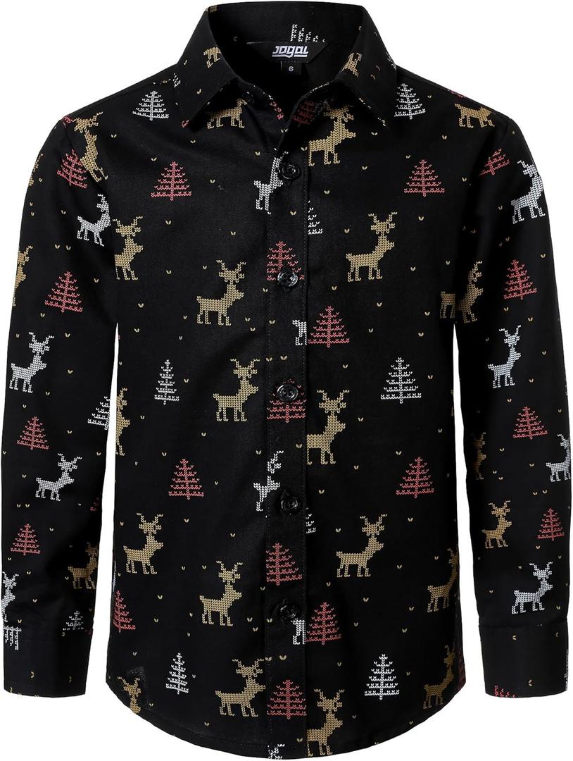 JOGAL Big Boys Girls Christmas Shirts Santa Claus Party Long Sleeve Button Down Shirts for 6-16 Years Old (7-8 Years, Black)