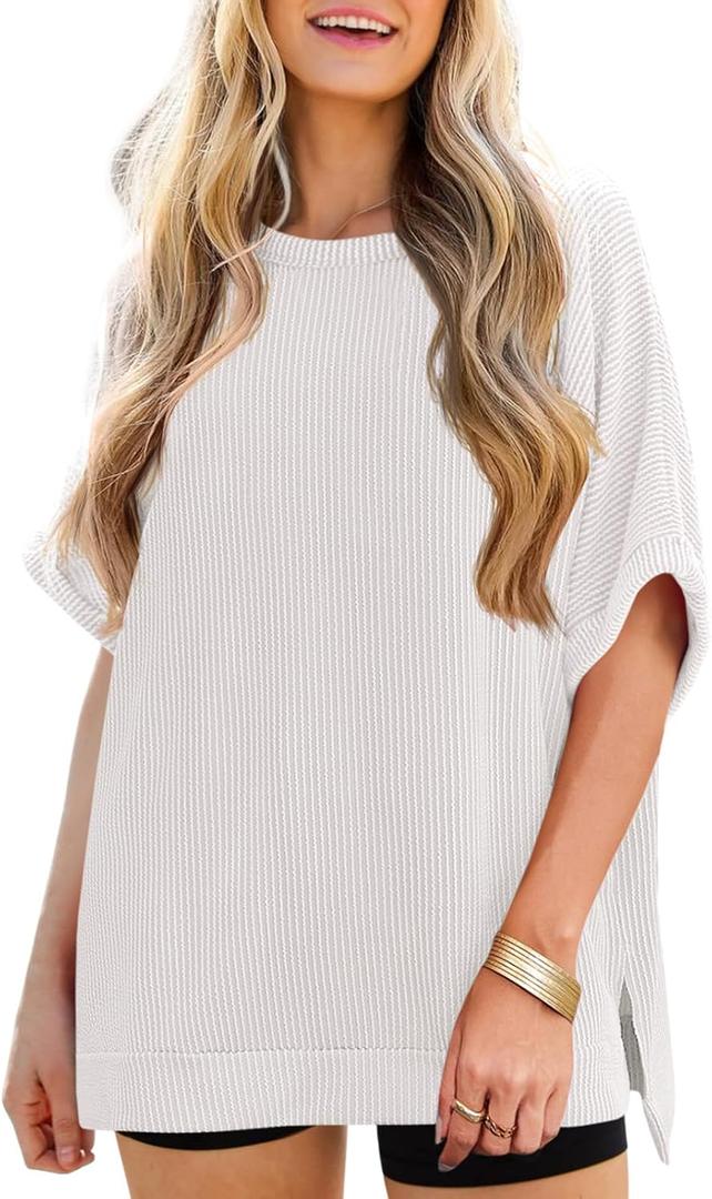 Tankaneo Womens Oversized T Shirts Summer Casual Ribbed Batwing Short Sleeve Tunic Tops Loose Fit Dolman Sleeve Tees (XX-Large)