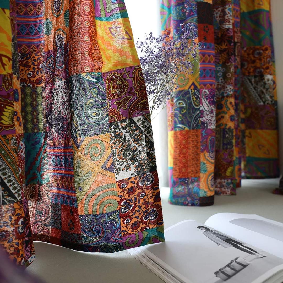 Cotton Linen Patchwork Colorful Vintage Bohemian Curtains Rod Pocket Aesthetic Window Curtain Panel Boho Drape Living Room Bedroom Decorative, 1 Panel, 55" W x 63" L, Patchwork