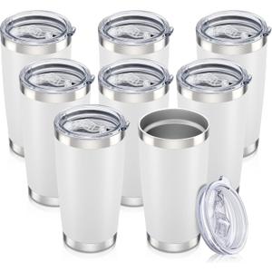 20 oz Tumbler with Lid Stainless Steel Insulated Tumblers Bulk Double Wall Vacuum Cups Powder Coated Travel Mug Keep Drink Cold and Hot, White, 8 Pack