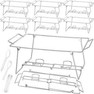 Geosar 32 Pack Wire Buffet Rack Stand Folding Chafing Stand Chrome Frame Serving Trays Food Warmer with Plastic Tong Fork and Spoon for Christmas Thanksgiving Home Party Catering Supplies (Silver)