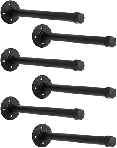 YCCO 12 Inch Industrial Pipe Shelf Brackets 3/4 Set of 6 - Black Iron Rustic Wall Mounted DIY Shelving Brackets Hanging Custom Pipe Brackets for Floating Shelves