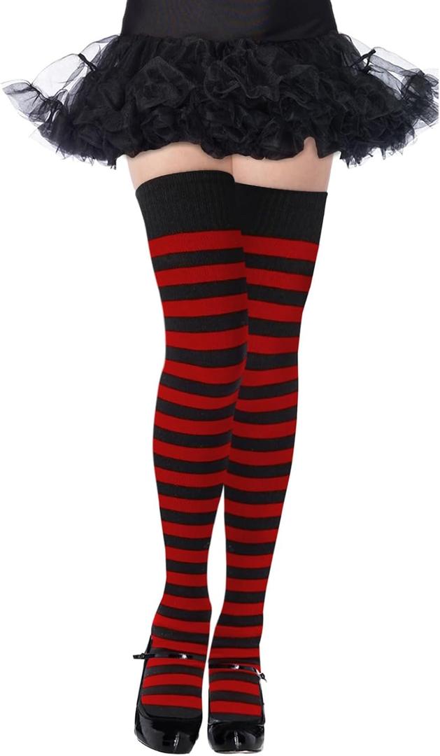 Moon Wood Womens Thigh High Socks Striped Knee High Socks Extra Long Cotton Knit Over the Knee Socks for Halloween (One Size, Black & Red)