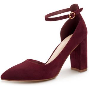 Women's Closed Toe Pumps 3-Inch Chunky Heels Pumps Ankle Strap Dress Wedding Shoes (8, Burgundy Su)