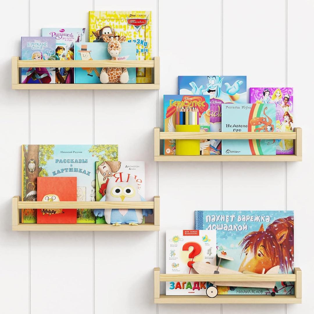 Forbena Natural Wood Nursery Book Shelves Wall Mounted, Floating Bookshelf for Kids Room, Toys and Books Storage Organizer Bookshelves for Toddler Child Bedroom Bathroom (4 Pack Natural Wood) (16.5 Inch)