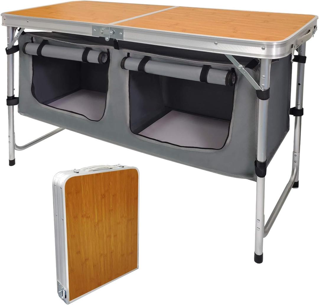 Folding Camping Table with Storage Lightweight Camp Tables Portable Indoor/Outdoor Collapsible Table Height Adjustable Camp Kitchen Perfect for Picnic, Beach, Travel, Tailgating, Backyards, BBQ, Party