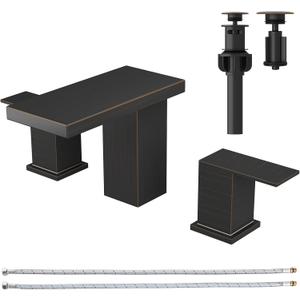 Hoimpro 8 Inch Oil Rubbed Bronze Widespread Waterfall Bathroom Sink Faucet, Square Two Handle Vanity Bathroom Faucet with cUPC Supply Hose, 3 Holes Faucet with Pop Up Drain, Stainless Steel