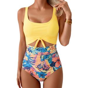 Eomenie Women's One Piece Swimsuit Tummy Control Slimming Bathing Suit Cutout Tie Knot Swimwear (Yellow Flower Block, M)