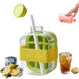 FLINBIUS 2-in-1 Ice Cube Tray, Touch-Free Press Ice Tray with Straw, Ice Cube Bottle, Leak-Proof Lid, for Freezer/Party/Home/Gym