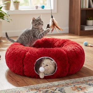 Cat Tunnel with Cat Bed for Indoor Cats Large Soft Plush Donut Tunnel Multifunctional 36 Circle Donut Tube Bed with Central Mat for Cats Puppy Rabbit Kitten Gifts(Red)
