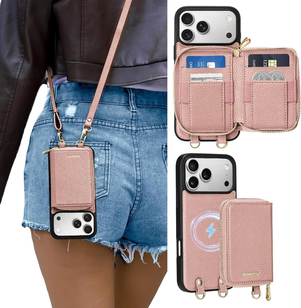 ORNARTO Magnetic Detachable Wallet Case for iPhone 17 Pro, [Compatible with MagSafe], Crossbody Wallet Case with Card Holder Wrist Strap, RFID Blocking PU Leather Wallet Phone Cover 6.3", Pink