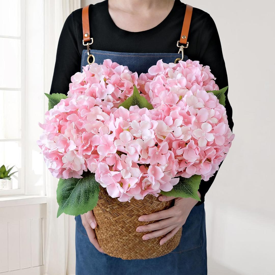 JINWOE Light Pink Flowers Silk Artificial Hydrangeas, 5Pcs 20Inch Lifelike Large Flowers with Stems, Full Artificial Flowers for Wedding Bouquet Table Centerpieces Spring Home
