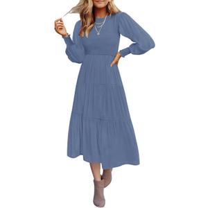 ZESICA Women's Casual Long Sleeve Crew Neck High Waist Smocked Flowy Tiered Midi Dress (Blue, M)