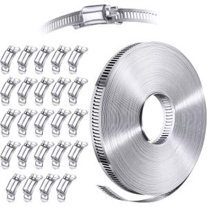 304 Stainless Steel Hose Clamp Assortment Kit DIY, Cut-To-Fit 50 FT Metal Strap+24 Stronger Fasteners, Large Adjustable Worm Gear Hose Clamps Screw Clamps Duct Pipe Metal Clamp Strapping