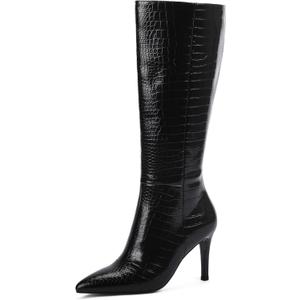 Modatope Knee High Boots Women Tall Boots Pointed Toe Stiletto High Heel Side Zipper Long Boots for Women Faux Crocodile Boots, Not Wide Calf (7, Black)
