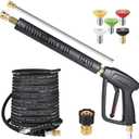 YAMATIC Long Pressure Washer Gun and Hose Kit, Rubber 50 FT Steel Braided Power Washer Hose with 3/8" Swivel Quick Connect & M22 Adapters Replacement for Troy Bilt Ryobi Simpson Craftsman, 4000 PSI