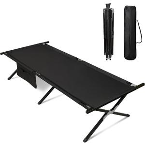 WLIVE Military Camping Cots for Adults, Portable Camping Bed with Carry Bag, Foldable Camp Cots for Sleeping with Side Pocket, Support 300Lbs, Black, 1 Position