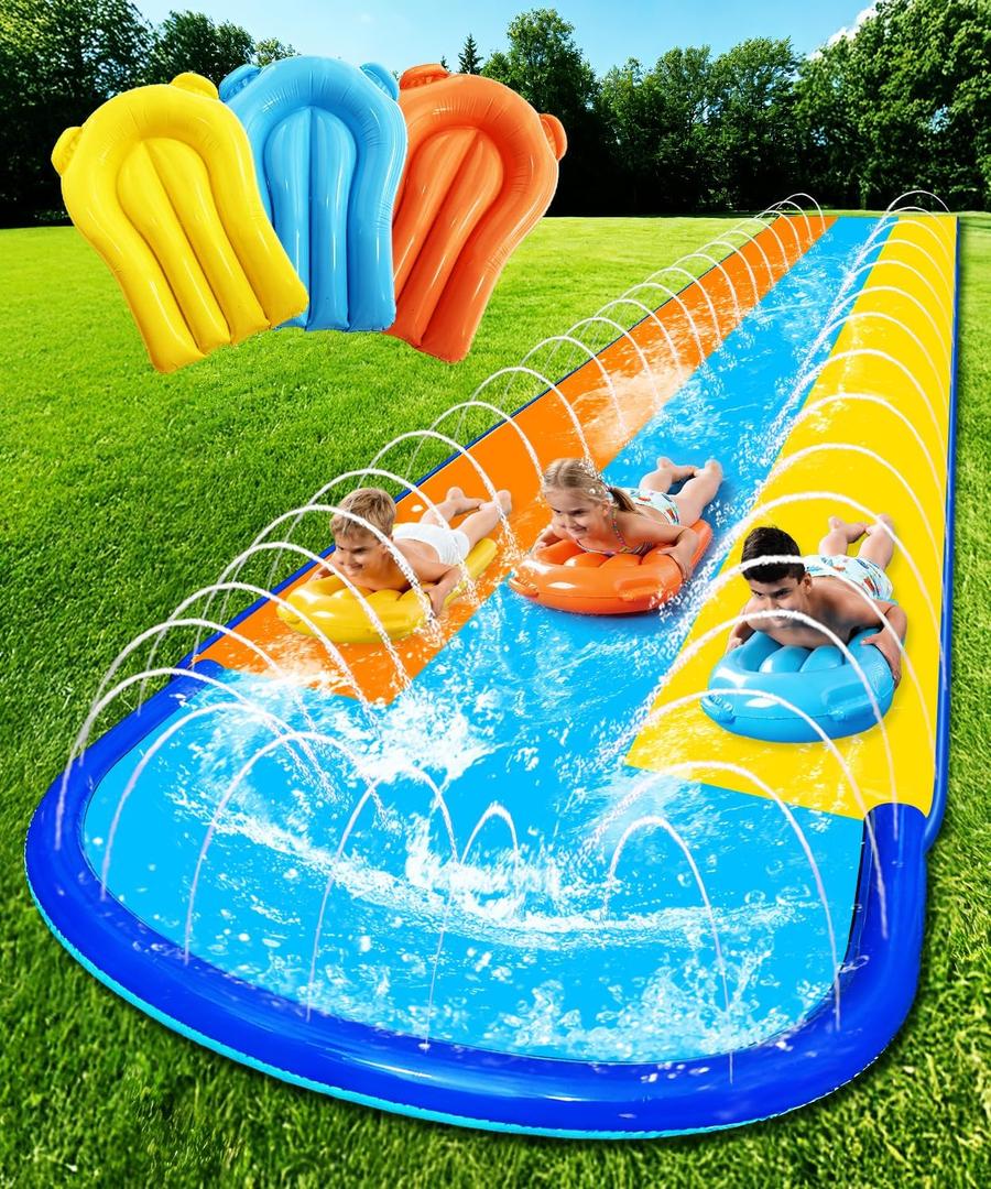 Water Slides for Kids Backyard, 23ft*82in Extra Long Wide 3Lane Slip and Slide with Upgraded Surround Sprinkler System with 3 Bodyboards, Thickened PVC Water Slide for Outdoor Summer Party Play