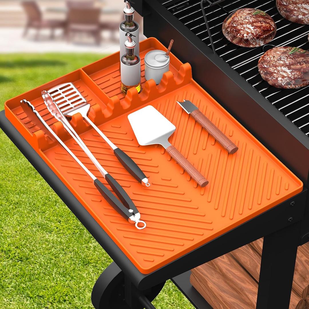 Silicone Griddle Tools Mat for Blackstone, Griddle Accessories Side Shelf Mat Grill Pad for Outdoor Grill Kitchen Counter Spatula Silicone Mat with Drip Pad (Orange)