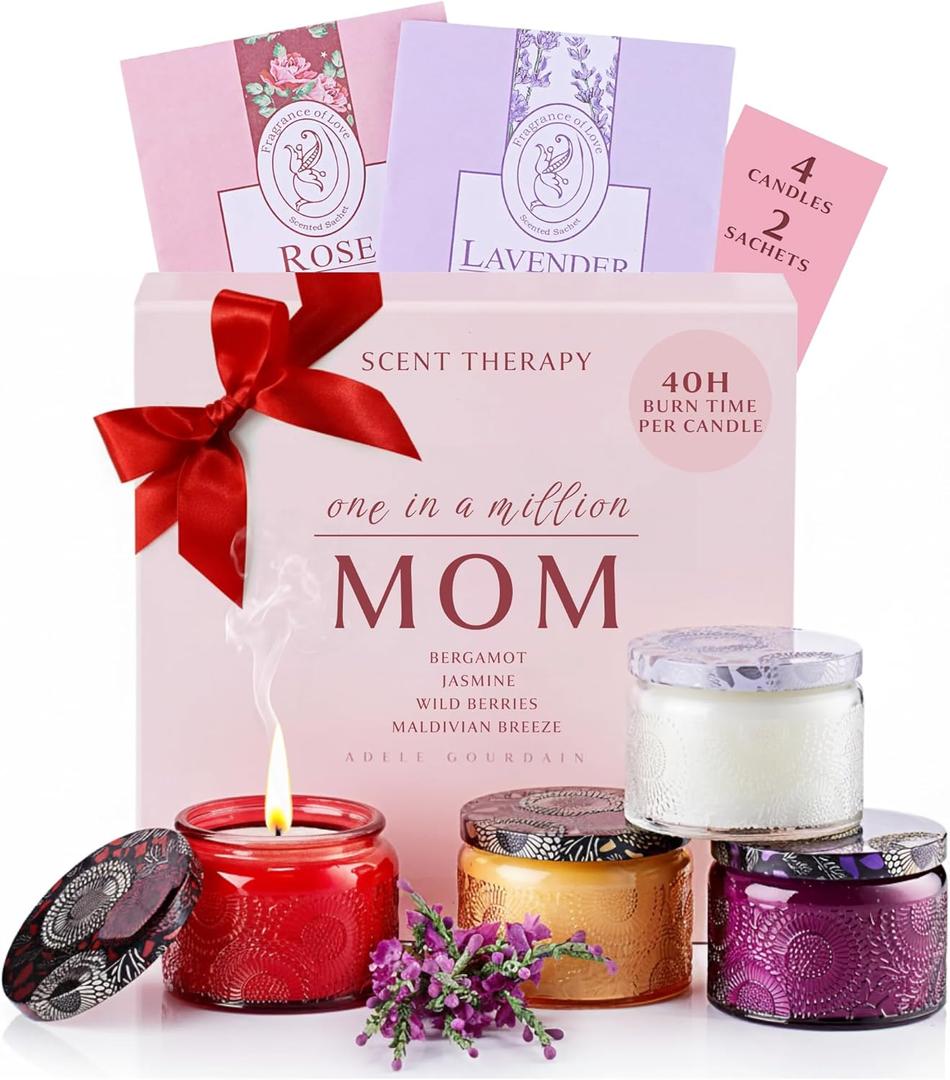 Scented Candle Gift Set for Women - 4 Natural Soy Wax Candles (4.4 oz) & 2 Fragrance Sachets - 160 Hour Total Burn Time - Spa & Relaxation, Aromatherapy Scents Fragrance, Gift Box for Mother's Days