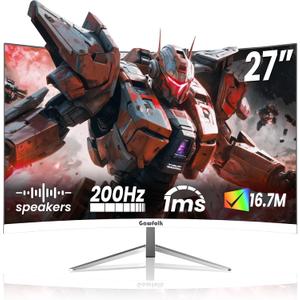 Gawfolk 27" Curved Gaming Monitor, 180Hz/200Hz FHD 1920x1080 1800R Immersive VA Panel, 1ms Response Time, FreeSync, Built-in Speakers, HDMI, VESA Mountable, White
