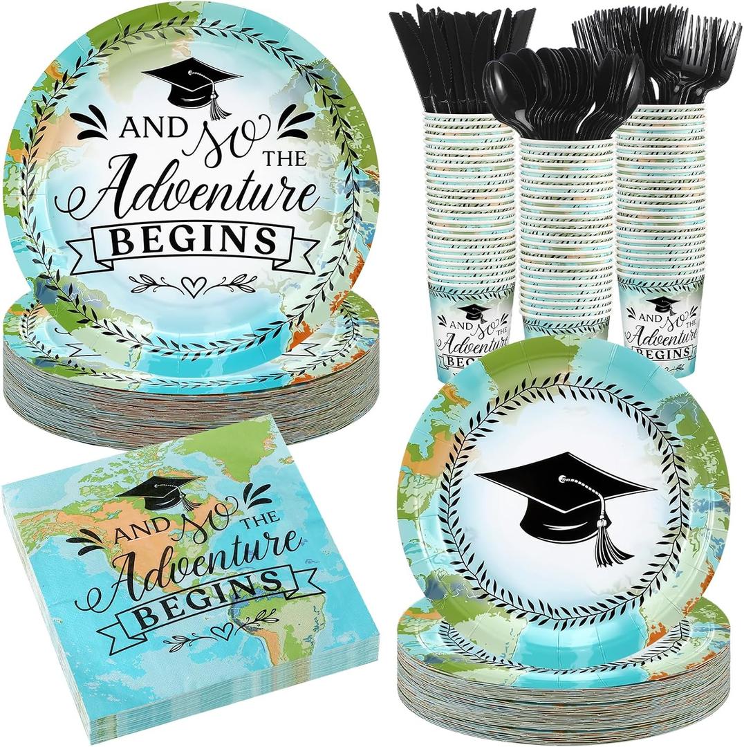Yungyan 200 Pcs 2026 Graduation Party Supplies Disposable Graduation Plates Napkins Serve 25 Guests Class of 2026 World Map Tableware for High School College Party Decor