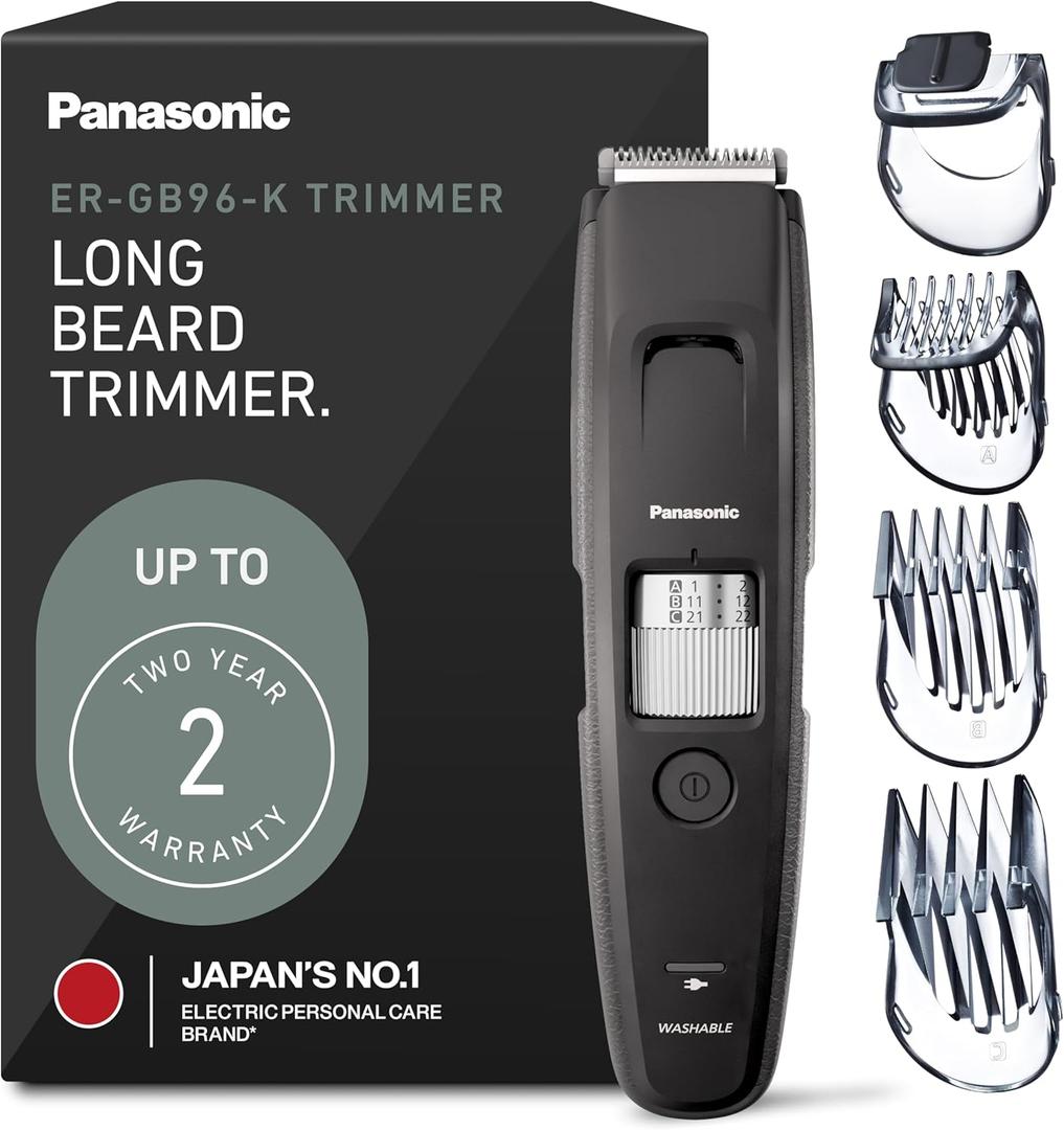Panasonic Long Beard Trimmer for Men, 58 Length Settings and 4 Attachments to Cut and Detail, Corded or Cordless Beard Trimmer for Men  ER-GB96-K (Black)